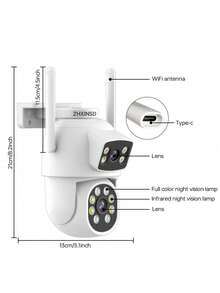 1 pieza Cámara de inalámbrica para exteriores con lente dual de 2MP+2MP, cámara de vigilancia doméstica inteligente PTZ, compatible con WiFi de banda dual 2.4/5GHz, cámara IP CCTV para interiores, seguimiento automático, alarma, visión nocturna a color, gimbal rotativo, sistema de cámara de red de video con audio bidireccional - Blanco - Ver 3