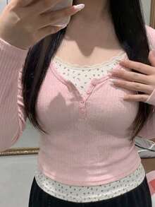 2-In-1 T-Shirt Women, Sweet & Spicy Ditsy Floral Knit Casual Commuter Versatile Top Spring - Baby Pink - View 2