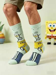 SpongeBob SquarePants 1双男士浅绿色撞色卡通章鱼印花船袜，趣味休闲，日常穿着，四季皆宜 - 彩色 - 查看 3
