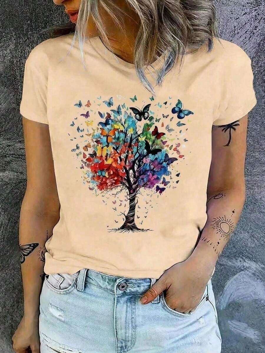 Camiseta de manga corta para mujer, cuello redondo, holgada, casual y versátil, nuevo estampado de mariposas y árboles, ideal como capa base, tejido suave con buena caída - Albaricoque - Ver 1