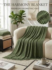 Solid Color Diamond Knitted Throw Blanket With Fringe, Soft Warm Boho Blanket For Couch, Bed, Sofa & Home Decor - P-green - View 6