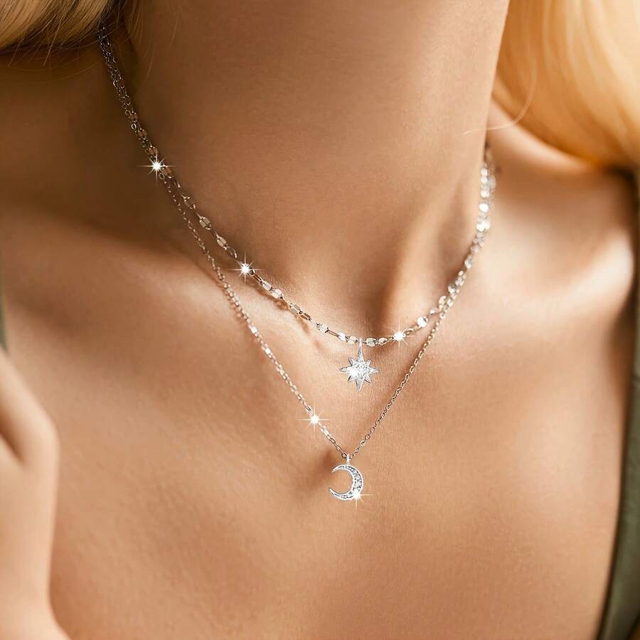 925 Silver Plated Layered Necklace Chain |   Star Moon Collarbone Necklace, Elegant And Sexy, Suitable For Casual Wear Or Gift Giving, Ideal For Daily And Gift-Giving Occasions - 1 - 查看 1