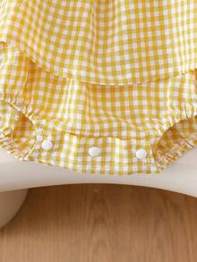Pelele sin mangas con estampado de cuadros, decoración de lazo 3D y diseño de botones para niñas bebé, adecuado para salidas diarias en primavera y verano - Amarillo - Ver 7