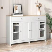 Sideboard With White Wood Grain, Four Doors, Two Drawers, One Door With Glass. Living Room, Dining Room. Wood Color And White. - 白色 - 查看 3