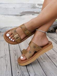 New Thick Platform Wedge Sandals, Double Strap Slides, Chunky Sole Slippers, Metal Buckle Decor, Women Thick Sole Soft Outdoor Versatile Sandals - Brown - View 2