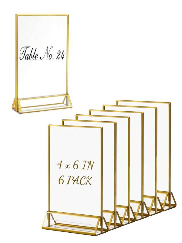 Bộ 6/12 giá đỡ biển hiệu acrylic, khung màu vàng kim 10 x 15 cm, giá trưng bày trong suốt hai mặt, giá đỡ số bàn màu vàng kim; Thích hợp cho đám cưới, nhà hàng, thực đơn, tờ rơi và trưng bày ảnh.