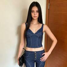 Dark Blue Denim Look Contrast Stitch V Neck Spaghetti Strap Crop Cami Top & Low Waist Button Detail Skinny Capri Pants Two Piece Set, 2026 April Hot  Y2K Baddie Streetwear, Spring Summer New Arrival - Bộ - Xem 3