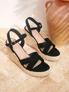 New Straw Wedge Black Sandals For Women, Spring/Summer Outdoor Vacation Style Strap Rope Thick Platform Roman Sandals - Black - View 3
