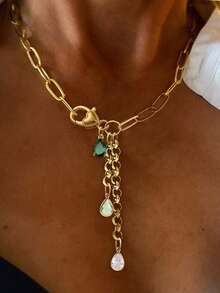 1 Stück Halskette mit goldenem Herzanhänger, grünem Diamantanhänger und Edelstahlkette, geeignet für Arbeit, Alltag, Party, Bankett und Ball, einzigartiger und luxuriöser Damenschmuck - Goldgelb - Übersicht 9