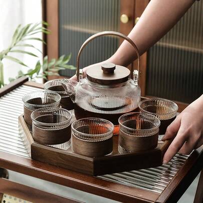 1set High Temperature Resistant Borosilicate Glass Teapot, Tea Cup & Tray With Tea Infuser, Tea Separation