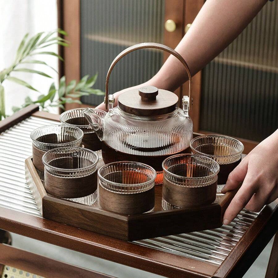 1 套耐高温高硼硅玻璃茶壶、茶杯和托盘，带茶叶浸泡器、茶叶分离器