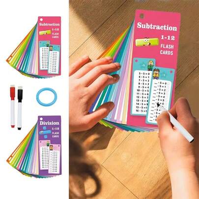 Bộ thẻ học toán có thể tái sử dụng, thẻ học phép trừ và phép chia từ 1 đến 12, thẻ học tập giáo dục, phù hợp cho trẻ mẫu giáo và nhà trẻ theo phương pháp Montessori.