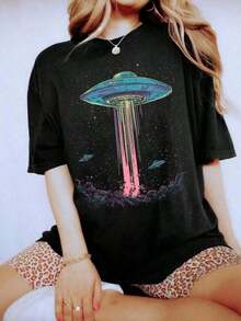 1 pieza de ropa de verano para mujer, camiseta retro de alienígena, camiseta con diseño de OVNI espacial, camiseta con estampado de galaxia, camiseta divertida de ciencia ficción, sudadera moderna y minimalista, y genial, con temática del milenio, camiseta 100% algodón puro, ropa para conciertos de 2026, 180g de algodón 100%. - Negro - Ver 1