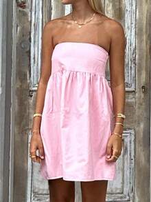 Women Tube Dress Solid Color A-Line Dress Strapless Dress Summer Backless Mini Dress - 粉色 - 查看 1