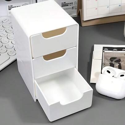 Miniaturowe pudełko do przechowywania z 3 szufladami – grube plastikowe, kompaktowe, 3-szufladowe, przenośne, organizer na biurko i do szafki, odpowiednie do biura domowego, do przechowywania biżuterii, do małych przestrzeni – oszczędza miejsce, można używać w pionie lub poziomie