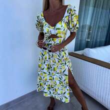 Chic Women's Lemon Print Long Dress With Deep V Neck, Short Regular Sleeves, And Backless Cut-Out Detail, Perfect For Spring And Summer Outfits - 檸檬黃 - 查看 9