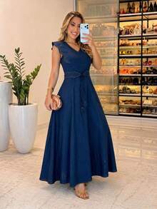 Sensorial Marrante Long Midi Dress, Sleeveless Evangelical Chemise Dress, Solid Marsala Color, For Women, Autumn, Navy Blue - 藏蓝色 - 查看 4