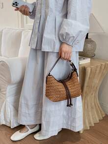 Bolso de playa grande de paja con capacidad vintage, bolso de hombro cruzado de vacaciones - Caqui - Ver 5