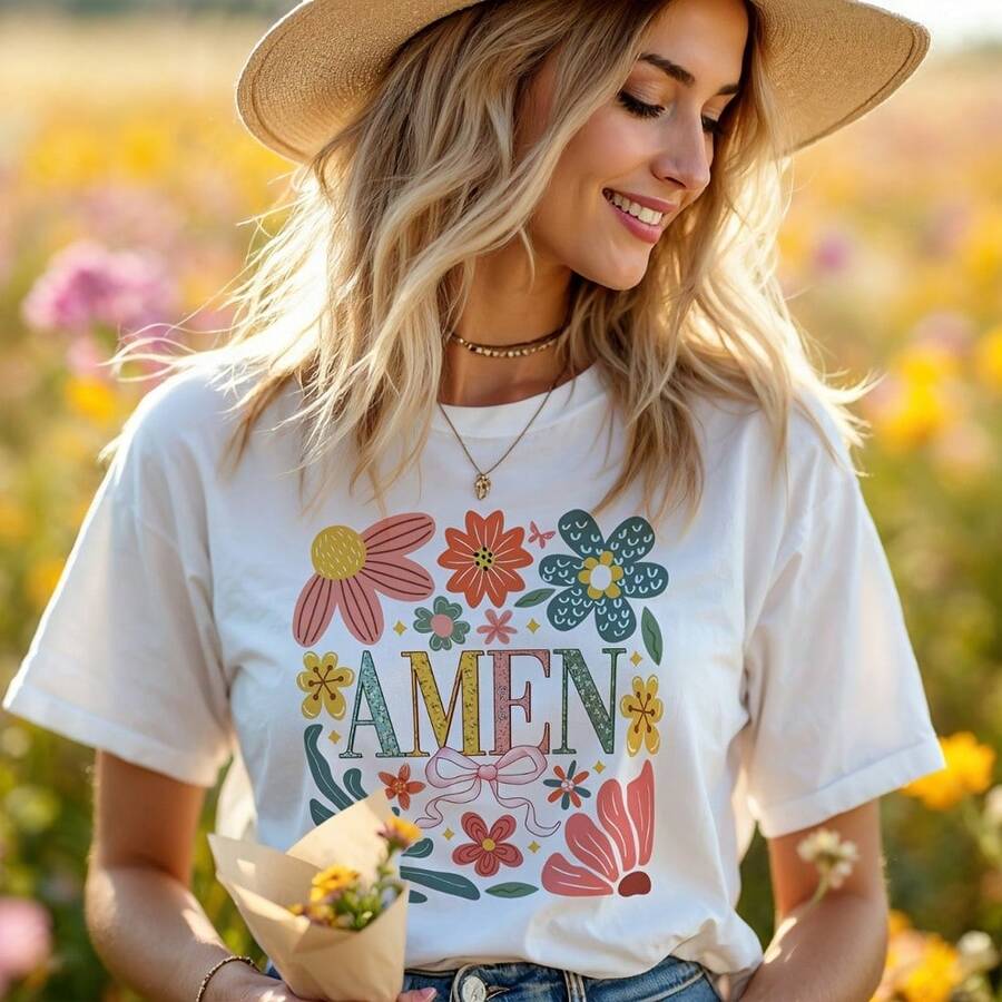 Amen Shirt – Floral Christian Faith Tee A446 - Yellow - View 1