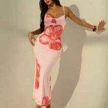 PETITE Women's Sexy Low-Cut Slingback Halter Dress With Pink Floral Prints For Slimming And Slimming. Elegant And Sexy Outfit For Summer Vacation,Bohemian Clothes,Bodycon Dress - Rosa - Ver 1