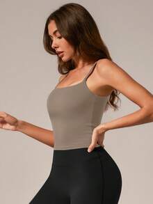 TimeOff 1pc Women Solid Color Spaghetti Strap Backless Camisole With Chest Pads Sports - Coffee Brown - View 7