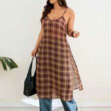Lounesse Plus Size Dress, Women's Plus Size High Slit Design Fashion Plus Size Top Shirt, Casual Outgoing Versatile Plaid Shirt, Long Plaid Shirt Dress Women's Summer Dresses - Negro - Ver 1