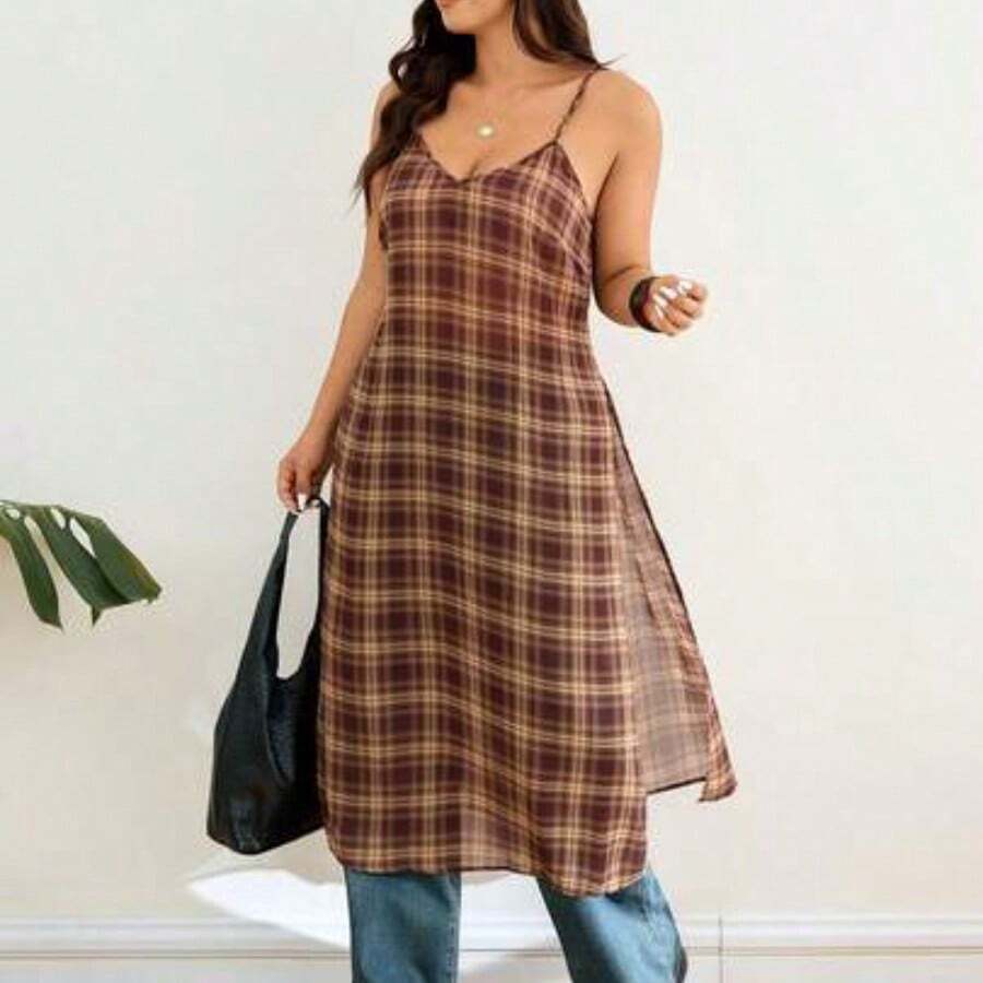 Lounesse Plus Size Dress, Women's Plus Size High Slit Design Fashion Plus Size Top Shirt, Casual Outgoing Versatile Plaid Shirt, Long Plaid Shirt Dress Women's Summer Dresses - Negro - Ver 1
