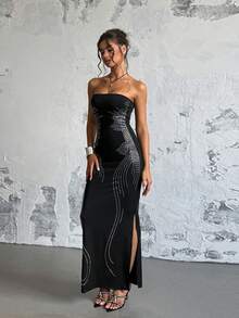 Bardot Neck Dress With Rhinestones And Decorative Wing, Figure-Flattering Cut - Black - View 2
