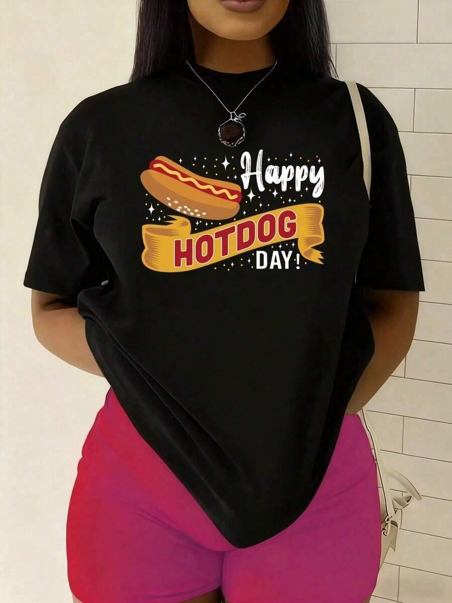 Women'S Funny Happy Hotdog Day T-Shirt - 180gsm Heavyweight Oversized Relaxed Fit Short Sleeve Round Neck Casual Humorous Graphic Tee With Hot Dog & Happy Hotdog Day Print - Funny Foodie Gift For Casual Attire, Themed Parties & Hotdog Lovers (B2026 Summer Outfits For Women Festival Outfits For Women - màu đen - Xem 1