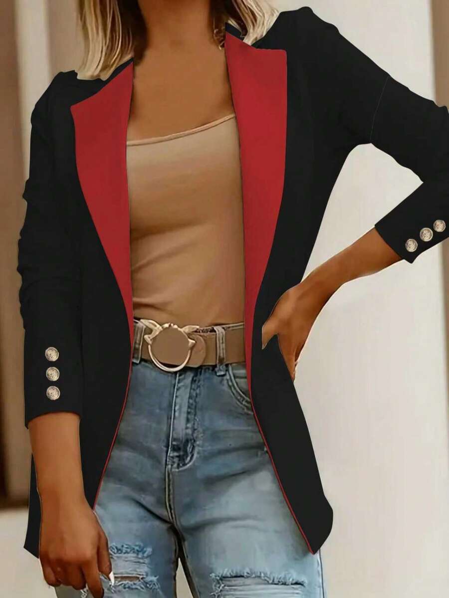 New Commuting Style Lapel Long Sleeve Blazer For Women - Black and Red - View 1