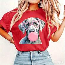 Silver Labrador, Gray Labrador Dog, Retriever Dog, Mom Dog, Valentine's Day Shirt Design, Dog Blowing Pink Bubbles, DTF Sublision 220G High-Density Pure Cotton T-Shirt - Soft And Gentle, Suitable For Daily Wear, Gym Sessions, And Vacation - 紅色 - 查看 1