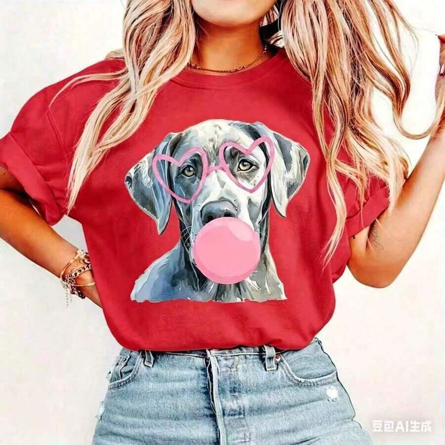 Silver Labrador, Gray Labrador Dog, Retriever Dog, Mom Dog, Valentine's Day Shirt Design, Dog Blowing Pink Bubbles, DTF Sublision 220G High-Density Pure Cotton T-Shirt - Soft And Gentle, Suitable For Daily Wear, Gym Sessions, And Vacation - 紅色 - 查看 1