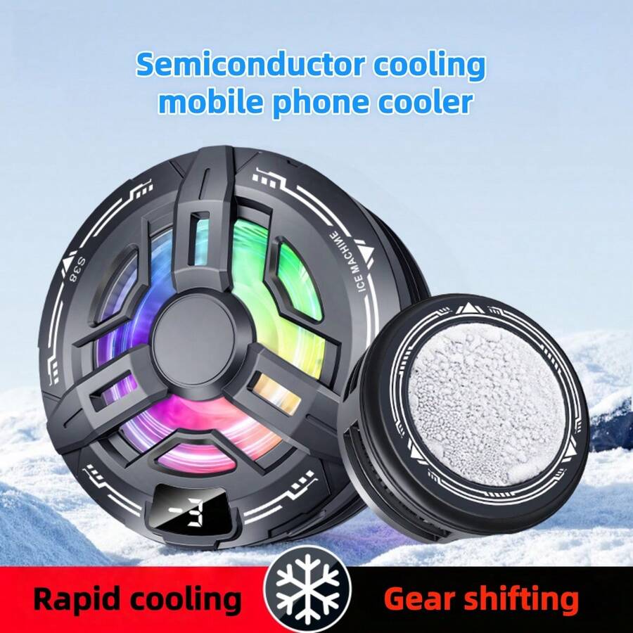 1pc Black Semiconductor Cooling Ice Fan With Digital Display, Magnetic Absorption Phone Cooler Fan For Android/IOS Phones & Tablets, Gaming & Live Streaming, RGB Lighting, 5V 3A Cooling Technology With Clip - Multicolor - View 1