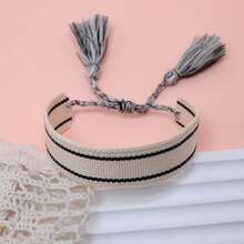 1pc Handmade Vintage Minimalist Boho Style Woven Bracelet, Suitable As Gift For Family, Friends, Students, Festivals, Parties, Traveling - Black and White - View 5