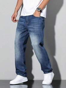 Boys' Casual Straight-Leg Denim Jeans, Versatile Street Style Jeans For School - Medium Wash - View 1