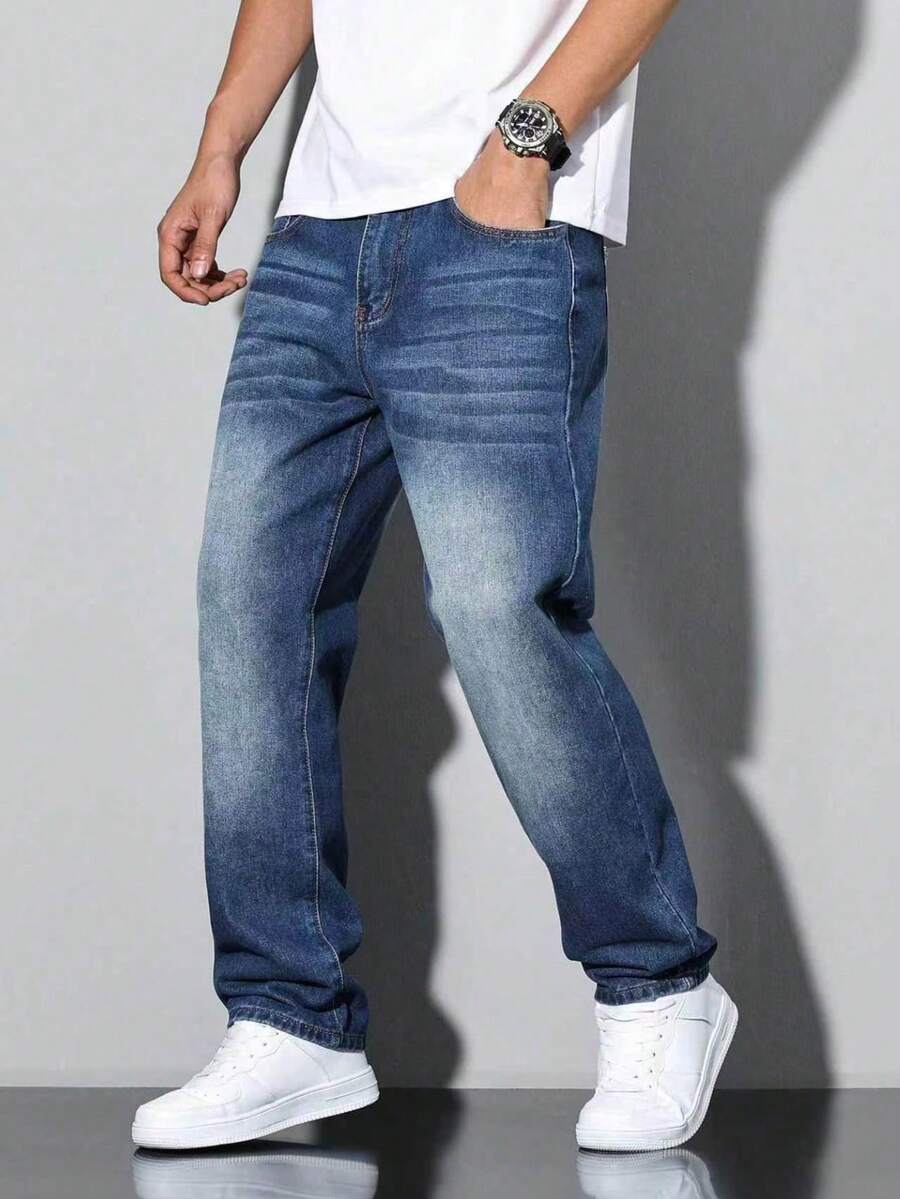 Boys' Casual Straight-Leg Denim Jeans, Versatile Street Style Jeans For School - Medium Wash - View 1