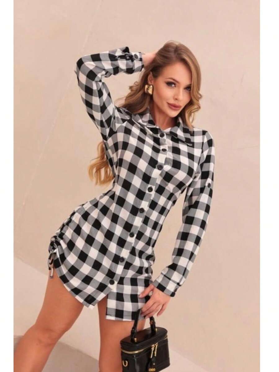 Women's Long-Sleeved Checkered Shirt Dress With Adjustable Buttons And Side Tie – Elegant, Modern, And Super For Winter, June Festival, And Saint John's Day. - 黑色 - 查看 1