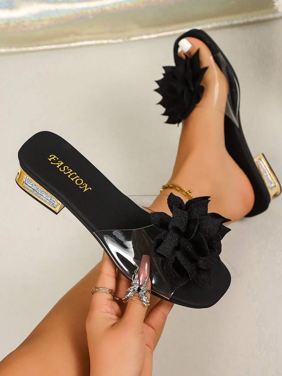 Women's Sandals, Summer Fashion Elegant Square Toe Open Toe Slip-On Black High Heel Sandals, Comfortable Soft Sole Beach Sandals