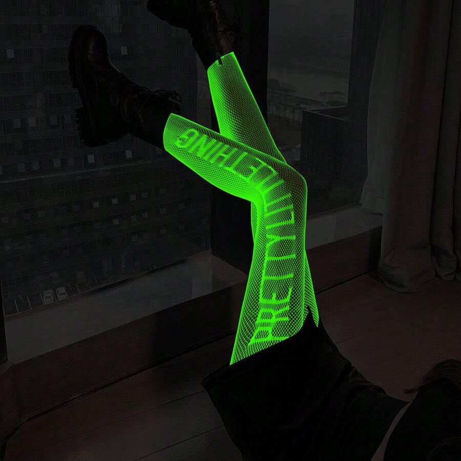 Green Fluorescent Night Glow Sheer Mesh Tights With Striped Pattern Luminous Bodycon Leggings Women Reactive Party Cosplay Outfit DBYS - Luminous 3077 - View 1