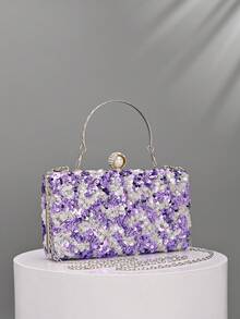 1pc Ombre Purple & White Sequin Clutch Bag, Shiny Metal Handle Evening Handbag, Suitable For Women's Party And Wedding - Violet Purple - View 2