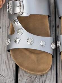 Retro Punk Style Rivet Sandals, Women's Double Strap Metal Buckle Soft Wood Bottom Outdoor Slippers, Fashionable Suitable For Daily Wear - Silver - View 9