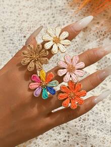1pc Handmade Raffia Woven Floral Open Ring, Fresh Macaron Multi-Color 3D Petal Adjustable Ring, Summer Vibe Girl Accessory Suitable For Beach, Vacation, Daily Wear, Soft Sweet Style For Photo Shooting, Unisex Gift - Orange - View 4