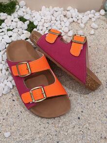 Adjustable Strap Flat Slide Sandals For Kids, With Prominent Metal Buckle And Soft Cork-Textured Insole - Orange - View 8
