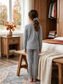 10pcs Girl Suit Casual Solid Color Simple Long-Sleeved Round Neck Top And Leggings Suit, Knitted Fabric Style Casual And Simple. Any Scene - Multicolor - View 4