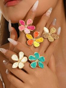 1pc Bohemian Vacation Style Raffia Flower Open Ring, Women's Commute & Travel Versatile Rose Red Jewelry - Rose Red - View 4