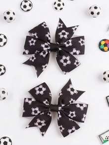 2pcs Football Pattern Satin Ribbon Bow Hair Clips,Alligator Clips,Soccer Print Hair Bows,White Classic Bow Clips For Hair,Casual Sporty Cool Style Bowknot Hair Pins,Fashion Hair Accessories For Girls Teens,Perfect For Daily Life,World Cup Parties,Sports Meets,Campus Soccer Events,Photography - Multicolor - View 1