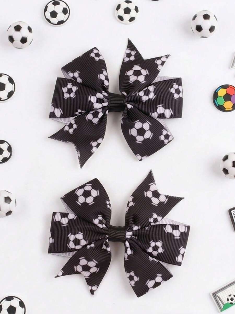 2pcs Football Pattern Satin Ribbon Bow Hair Clips,Alligator Clips,Soccer Print Hair Bows,White Classic Bow Clips For Hair,Casual Sporty Cool Style Bowknot Hair Pins,Fashion Hair Accessories For Girls Teens,Perfect For Daily Life,World Cup Parties,Sports Meets,Campus Soccer Events,Photography - Multicolor - View 1