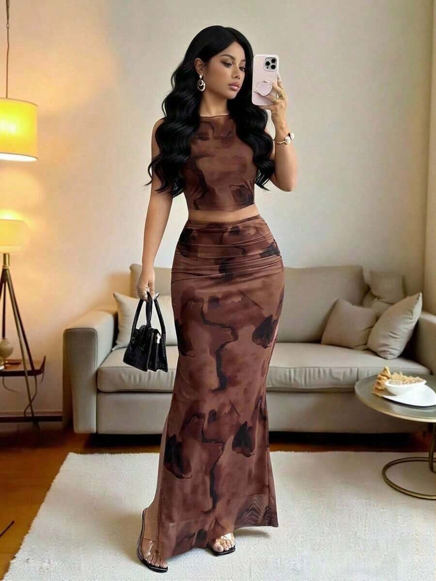 Raffinéa Vestido ajustado de mujer con abertura, de malla con efecto tie-dye degradado sin mangas, conjunto de 2 piezas - Café integral - Ver 1