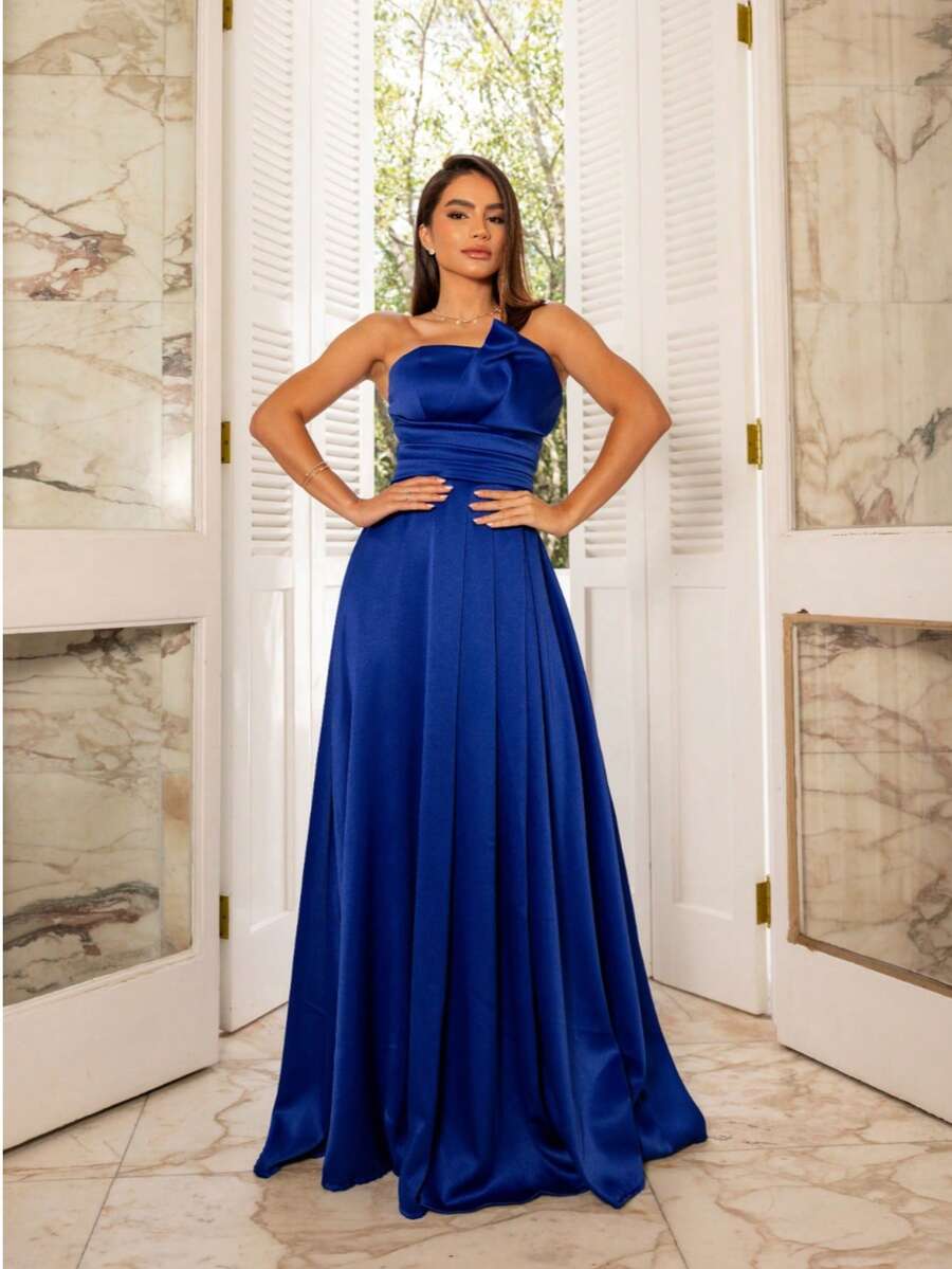 Long Strapless Formal Dress With Structured Draping And High Slit | Bridesmaid, Graduation, Wedding, Elegant Wedding Party Guest - Xanh đậm - Xem 1