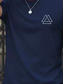 Stylish Basic Short-Sleeve Men's T-Shirt With Triangle Street Print, Breathable Fabric - Navy Blue - View 2
